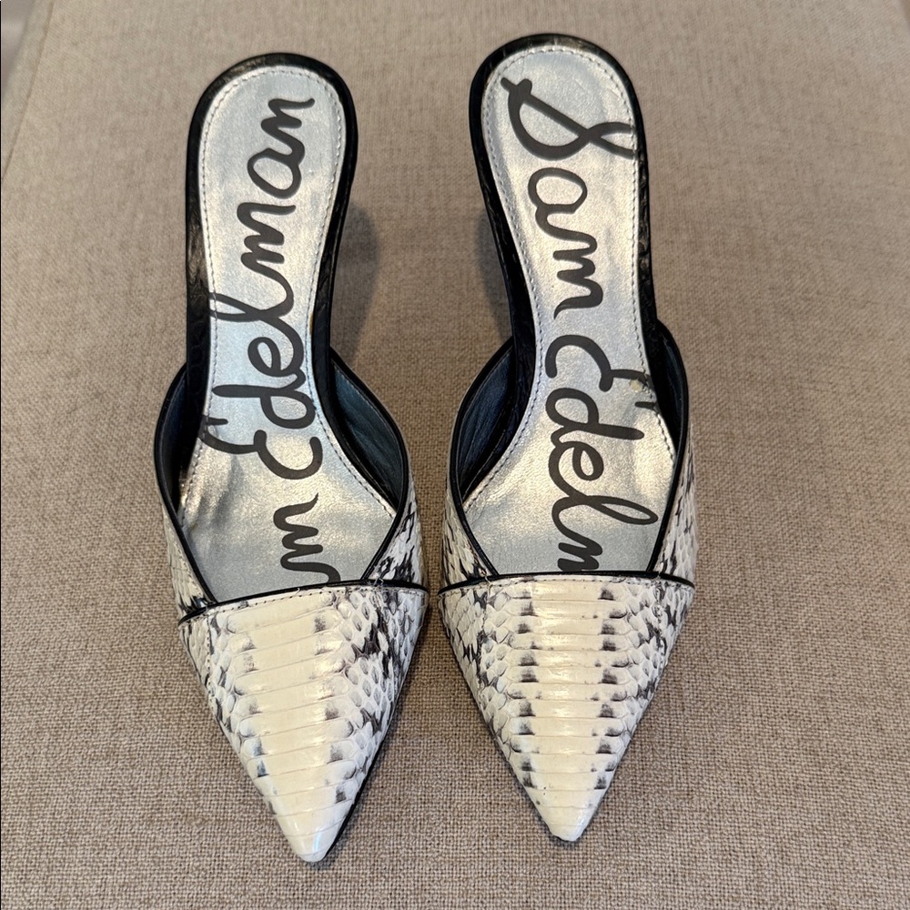 Sam Edelman Odelia Cream Snake-Print Pointed Toe Slip-On Mules. NWB